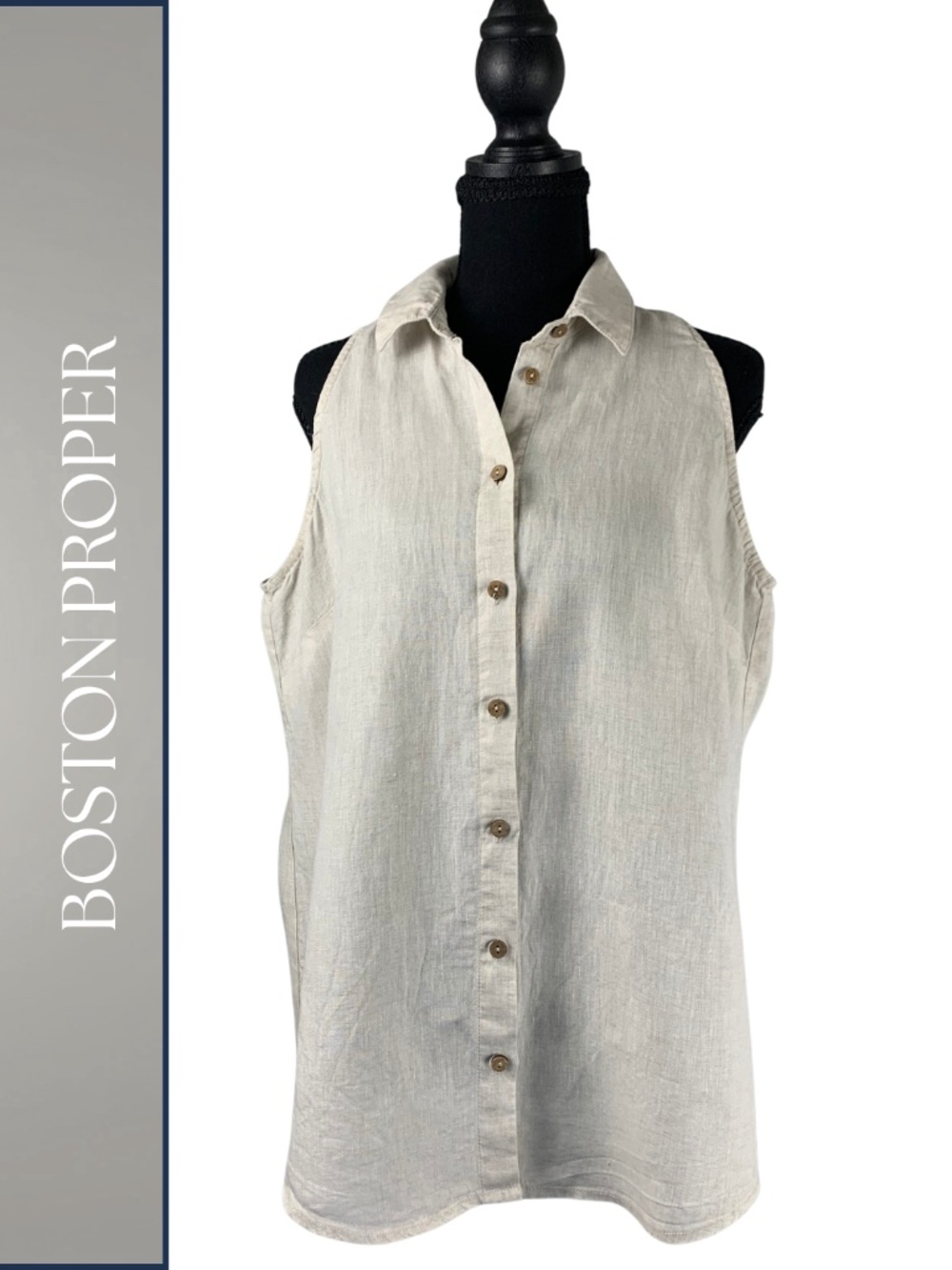 Boston Proper Sleeveless Button Front Linen Top Women L Boho Vacation Resortwear